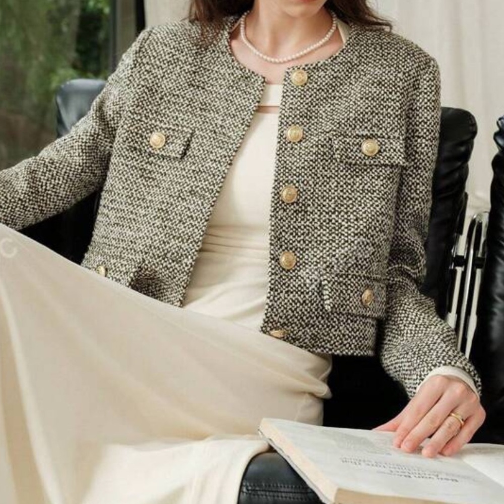 2 piece set- Green/ivory tweed textured collarless blazer cardigan & mini skirt - Picture 8 of 16